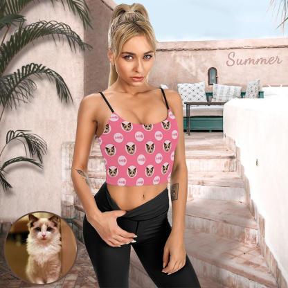 Custom Custom Cat Face Tops Personalized Fish Bone Women's Crop Camisole Top (With Chest Pad) - YesCustom