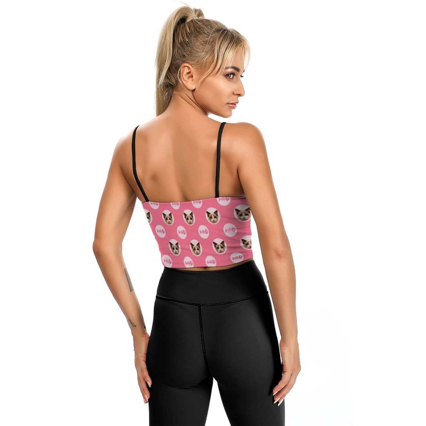 Custom Custom Cat Face Tops Personalized Fish Bone Women's Crop Camisole Top (With Chest Pad) - YesCustom