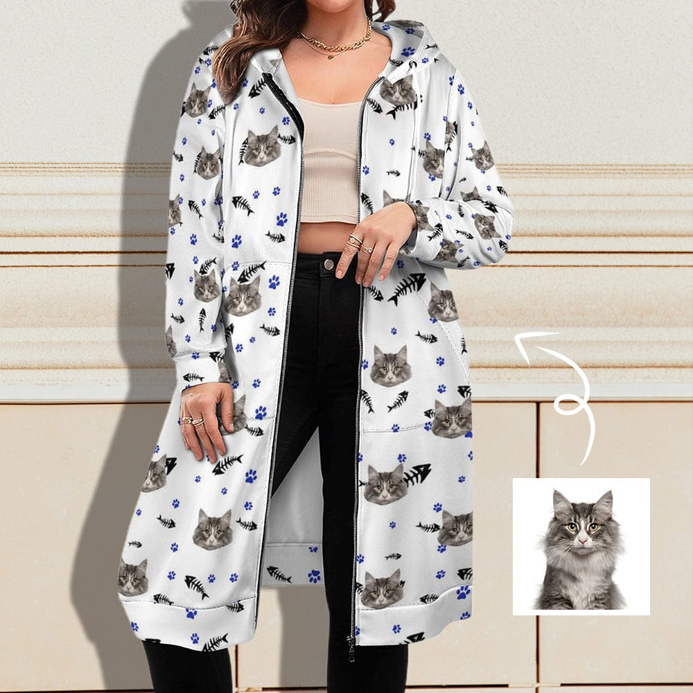Custom Custom Cat Face Women's Full Zip Hoodie Design White Long Sleeve Personalized Long Hoodie with Pockets - YesCustom