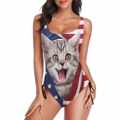 Custom Custom Cat Photo Swimsuit Personalized Women's New Drawstring Side One Piece Bathing Suit Gift Party - YesCustom