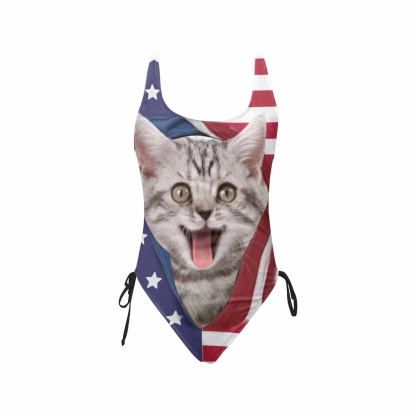 Custom Custom Cat Photo Swimsuit Personalized Women's New Drawstring Side One Piece Bathing Suit Gift Party - YesCustom