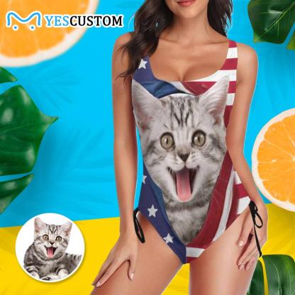 Custom Custom Cat Photo Swimsuit Personalized Women's New Drawstring Side One Piece Bathing Suit Gift Party - YesCustom