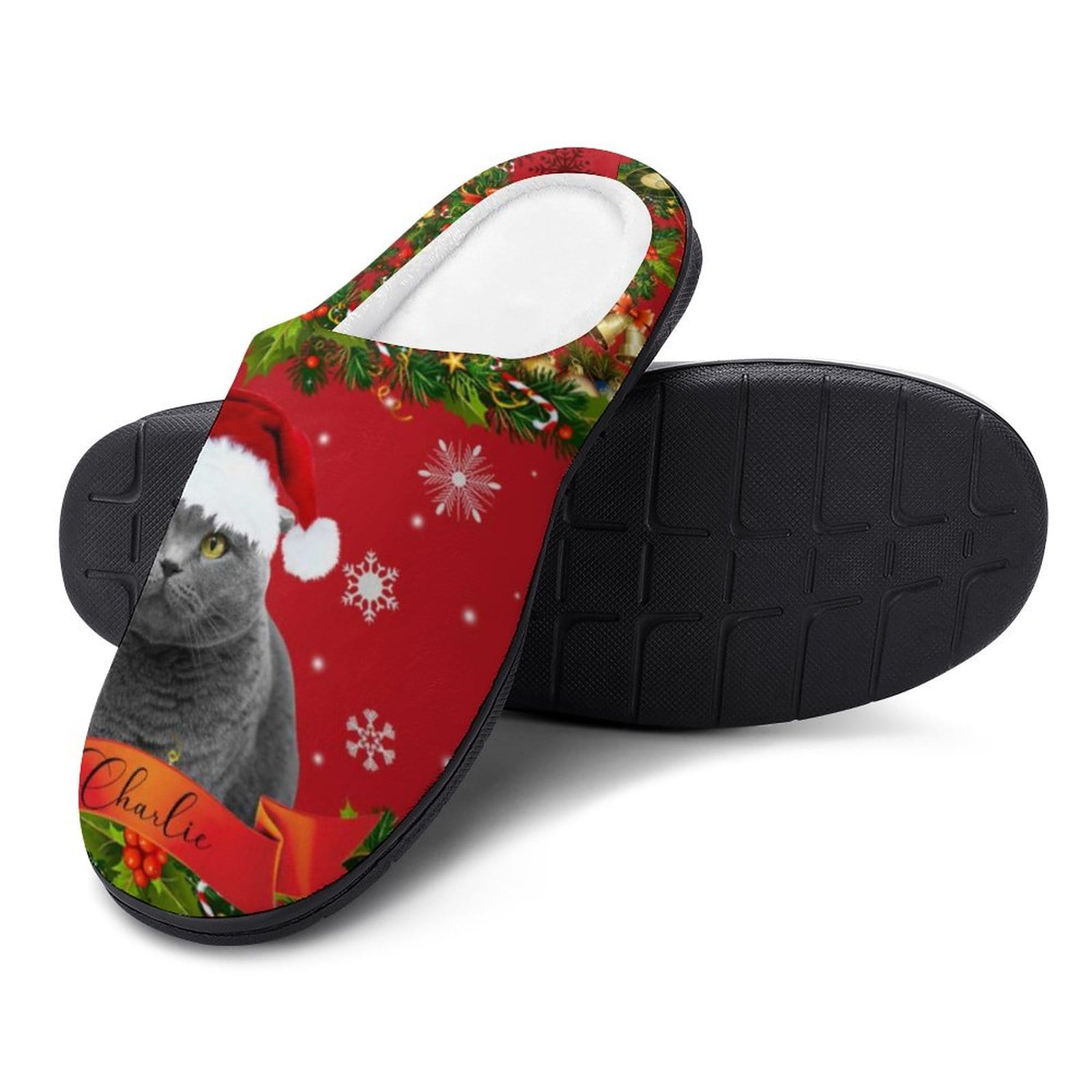 Custom Custom Cat's Photo & Name Christmas Hat All Over Print Cotton Slippers For Men Women - YesCustom
