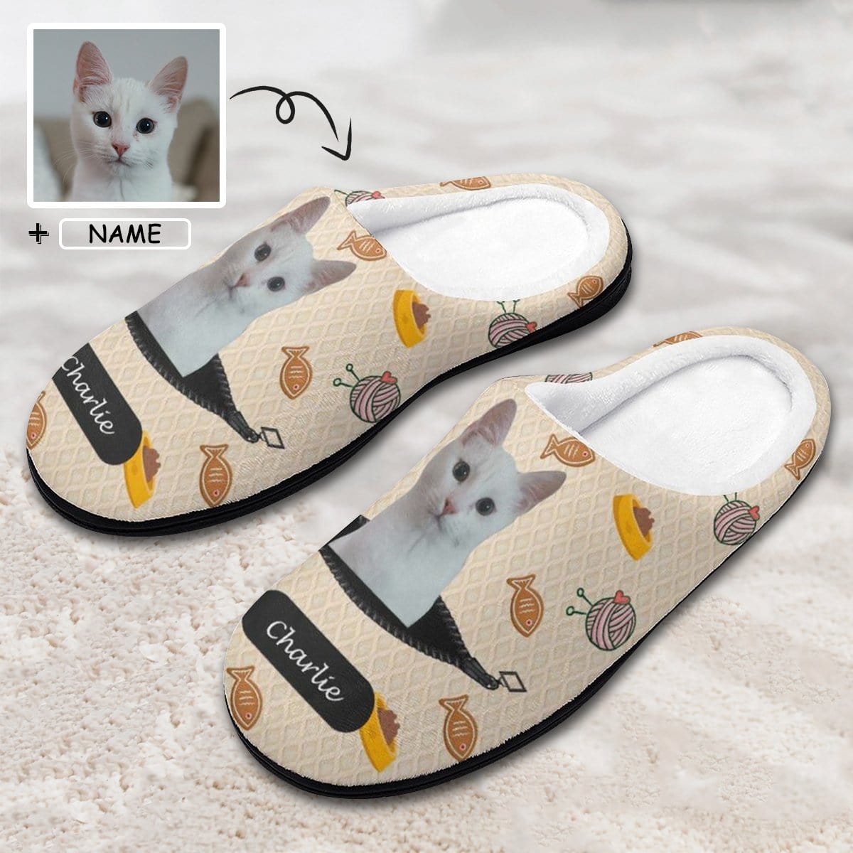Custom Custom Cat's Photo & Name Fish Ball of Yarn All Over Print Cotton Slippers For Men Women - YesCustom