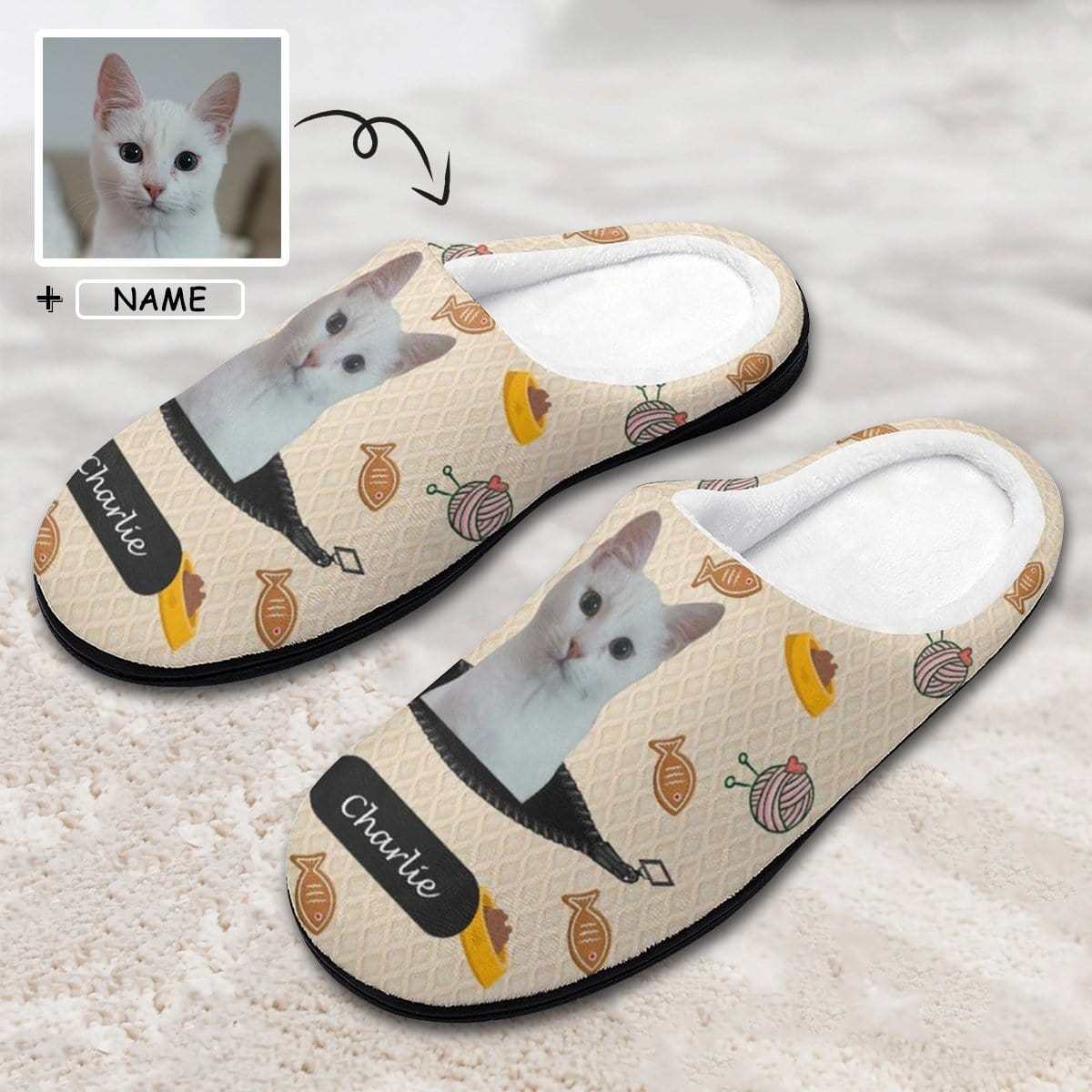Custom Custom Cat's Photo & Name Fish Ball of Yarn All Over Print Cotton Slippers For Men Women - YesCustom