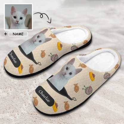 Custom Custom Cat's Photo & Name Fish Ball of Yarn All Over Print Cotton Slippers For Men Women - YesCustom