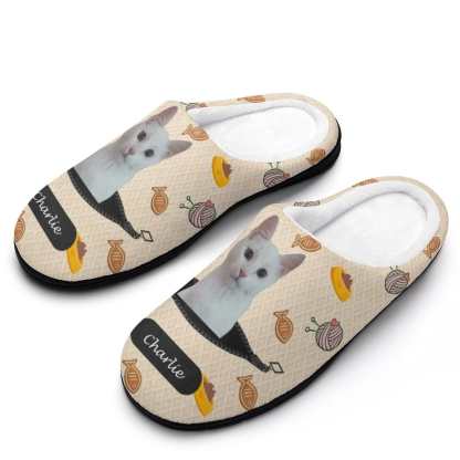 Custom Custom Cat's Photo & Name Fish Ball of Yarn All Over Print Cotton Slippers For Men Women - YesCustom