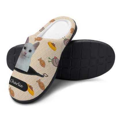 Custom Custom Cat's Photo & Name Fish Ball of Yarn All Over Print Cotton Slippers For Men Women - YesCustom