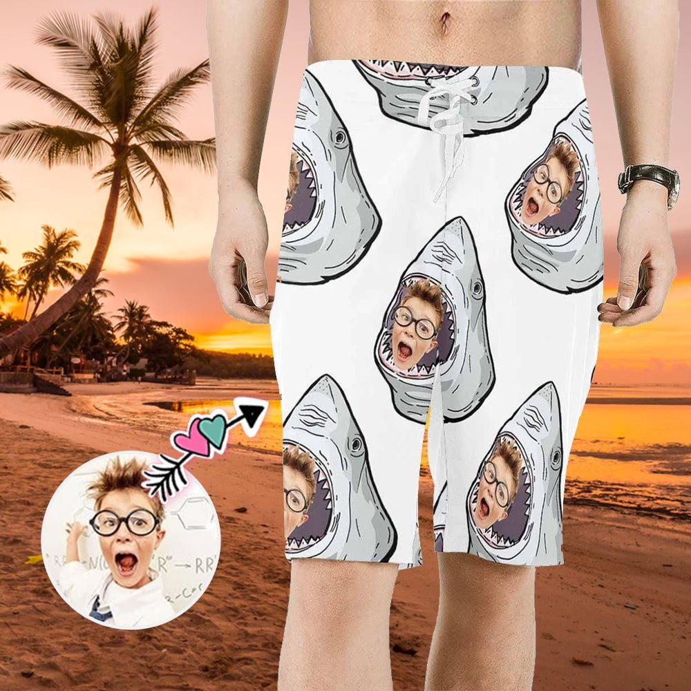 Custom Custom Child Face Attack Shark Men's Beach Shorts - YesCustom