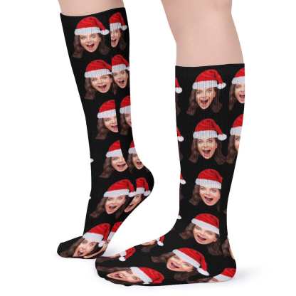 Custom Custom Christmas Face Socks Christmas Hat Black Personalised Face Printed on Socks Sublimated Crew Socks Christmas Gifts - YesCustom