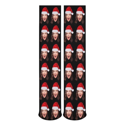 Custom Custom Christmas Face Socks Christmas Hat Black Personalised Face Printed on Socks Sublimated Crew Socks Christmas Gifts - YesCustom