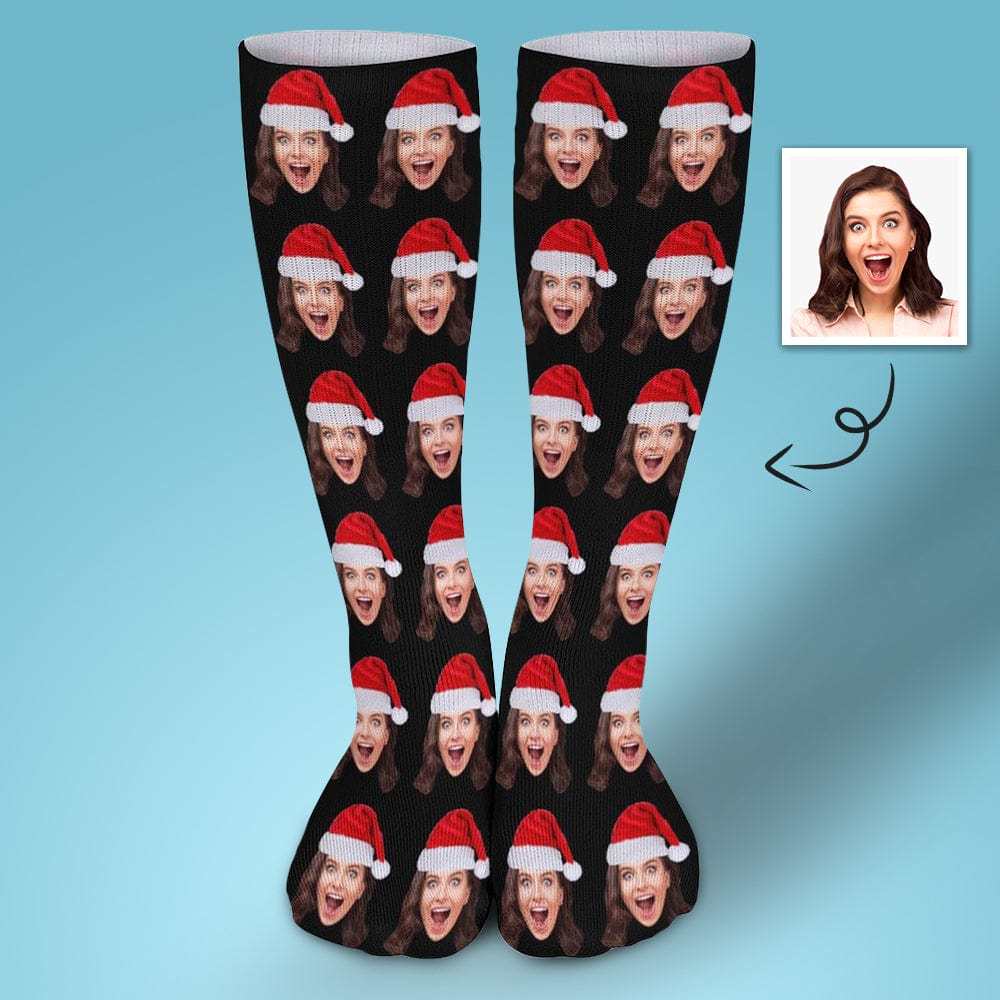 Custom Custom Christmas Face Socks Christmas Hat Black Personalised Face Printed on Socks Sublimated Crew Socks Christmas Gifts - YesCustom
