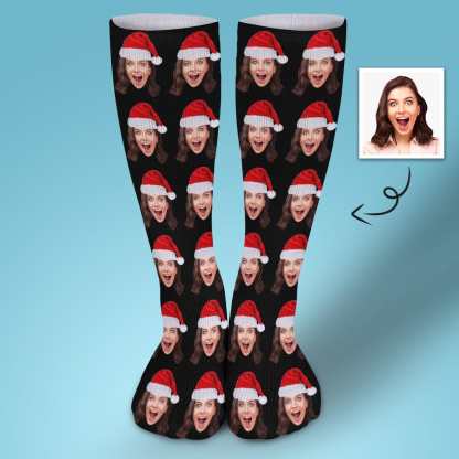 Custom Custom Christmas Face Socks Christmas Hat Black Personalised Face Printed on Socks Sublimated Crew Socks Christmas Gifts - YesCustom