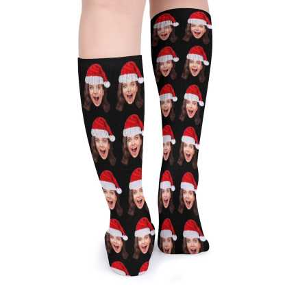 Custom Custom Christmas Face Socks Christmas Hat Black Personalised Face Printed on Socks Sublimated Crew Socks Christmas Gifts - YesCustom