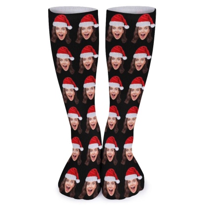 Custom Custom Christmas Face Socks Christmas Hat Black Personalised Face Printed on Socks Sublimated Crew Socks Christmas Gifts - YesCustom