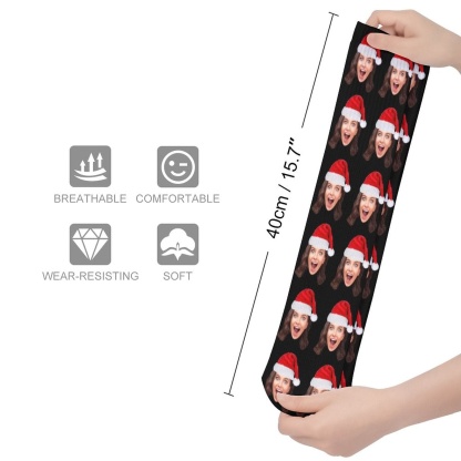 Custom Custom Christmas Face Socks Christmas Hat Black Personalised Face Printed on Socks Sublimated Crew Socks Christmas Gifts - YesCustom