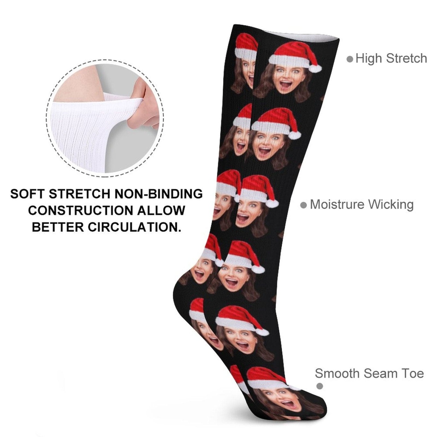 Custom Custom Christmas Face Socks Christmas Hat Black Personalised Face Printed on Socks Sublimated Crew Socks Christmas Gifts - YesCustom