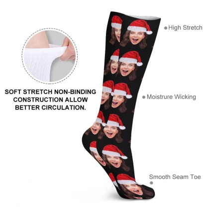 Custom Custom Christmas Face Socks Christmas Hat Black Personalised Face Printed on Socks Sublimated Crew Socks Christmas Gifts - YesCustom
