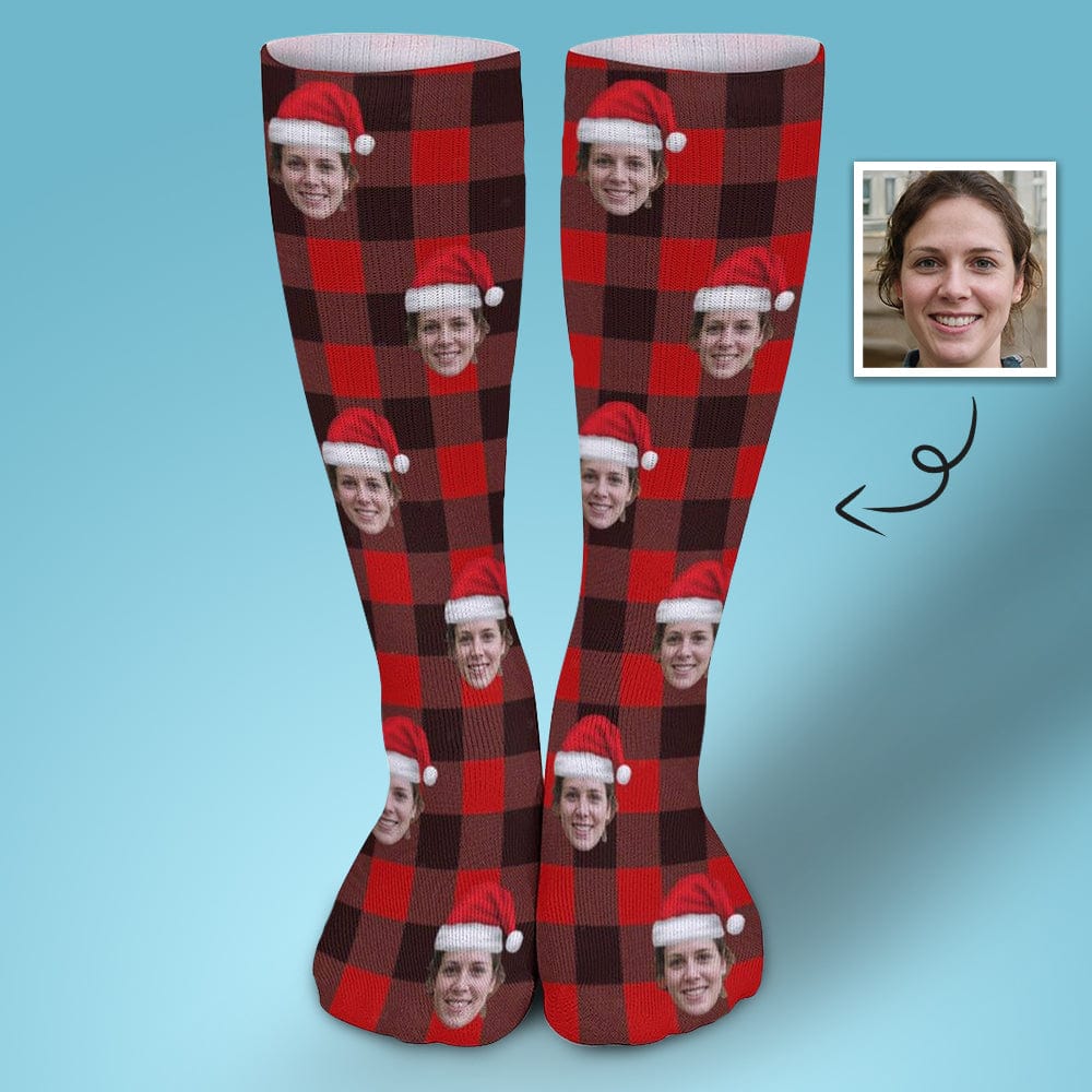 Custom Custom Christmas Face Socks Red Plaid Personalised Face Printed on Socks Sublimated Crew Socks Christmas Gifts - YesCustom