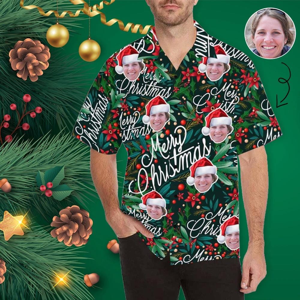Custom Custom Christmas Hawaiian Shirt with Face Christmas Red Personalized Photo Tropical Aloha Shirt for Husband/Boyfriend - YesCustom