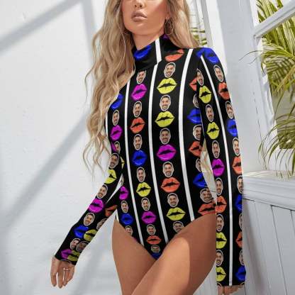 Custom Custom Colorful Lips Women's Bodysuit with Face Personalized Turtleneck Long Sleeve Slim Body Suits Jumpsuit for Women Girls - YesCustom