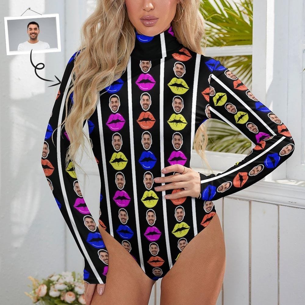 Custom Custom Colorful Lips Women's Bodysuit with Face Personalized Turtleneck Long Sleeve Slim Body Suits Jumpsuit for Women Girls - YesCustom