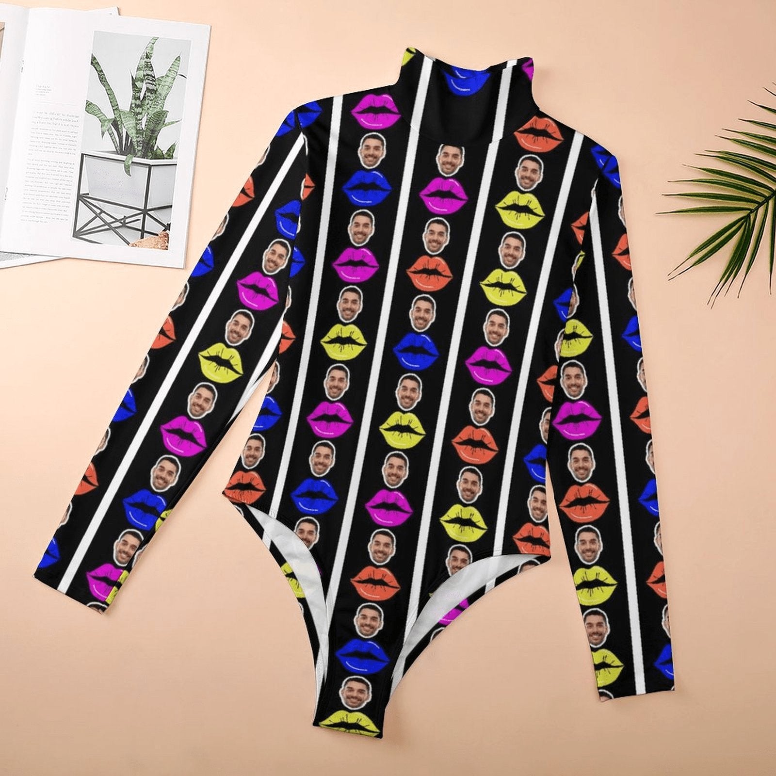 Custom Custom Colorful Lips Women's Bodysuit with Face Personalized Turtleneck Long Sleeve Slim Body Suits Jumpsuit for Women Girls - YesCustom