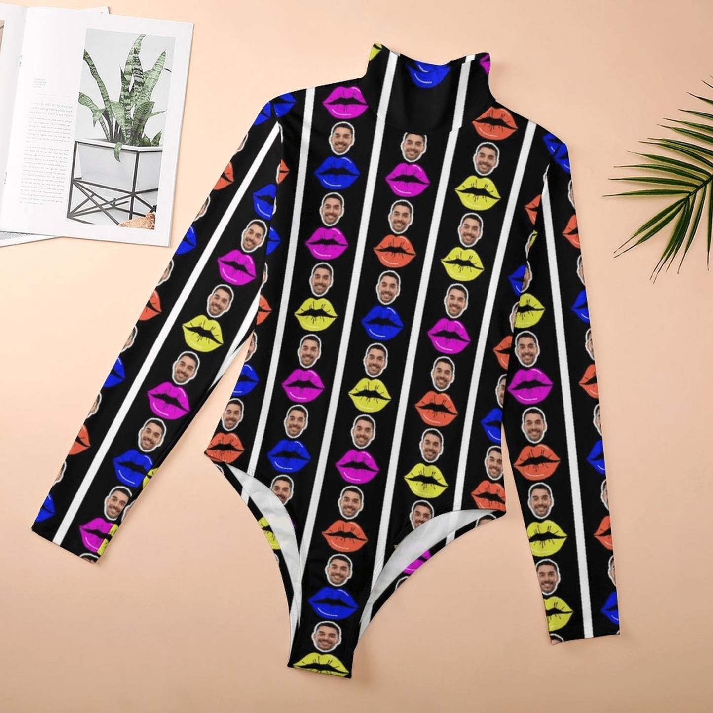 Custom Custom Colorful Lips Women's Bodysuit with Face Personalized Turtleneck Long Sleeve Slim Body Suits Jumpsuit for Women Girls - YesCustom