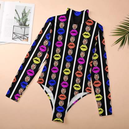 Custom Custom Colorful Lips Women's Bodysuit with Face Personalized Turtleneck Long Sleeve Slim Body Suits Jumpsuit for Women Girls - YesCustom