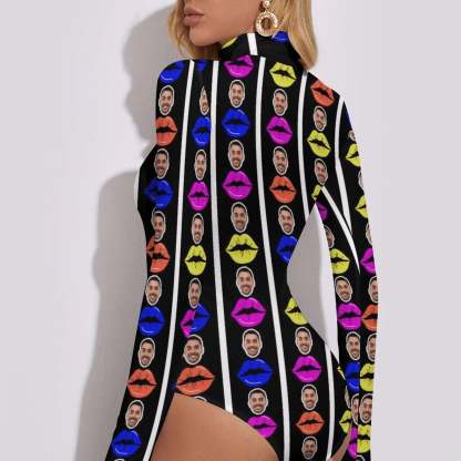 Custom Custom Colorful Lips Women's Bodysuit with Face Personalized Turtleneck Long Sleeve Slim Body Suits Jumpsuit for Women Girls - YesCustom