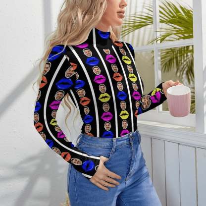 Custom Custom Colorful Lips Women's Bodysuit with Face Personalized Turtleneck Long Sleeve Slim Body Suits Jumpsuit for Women Girls - YesCustom