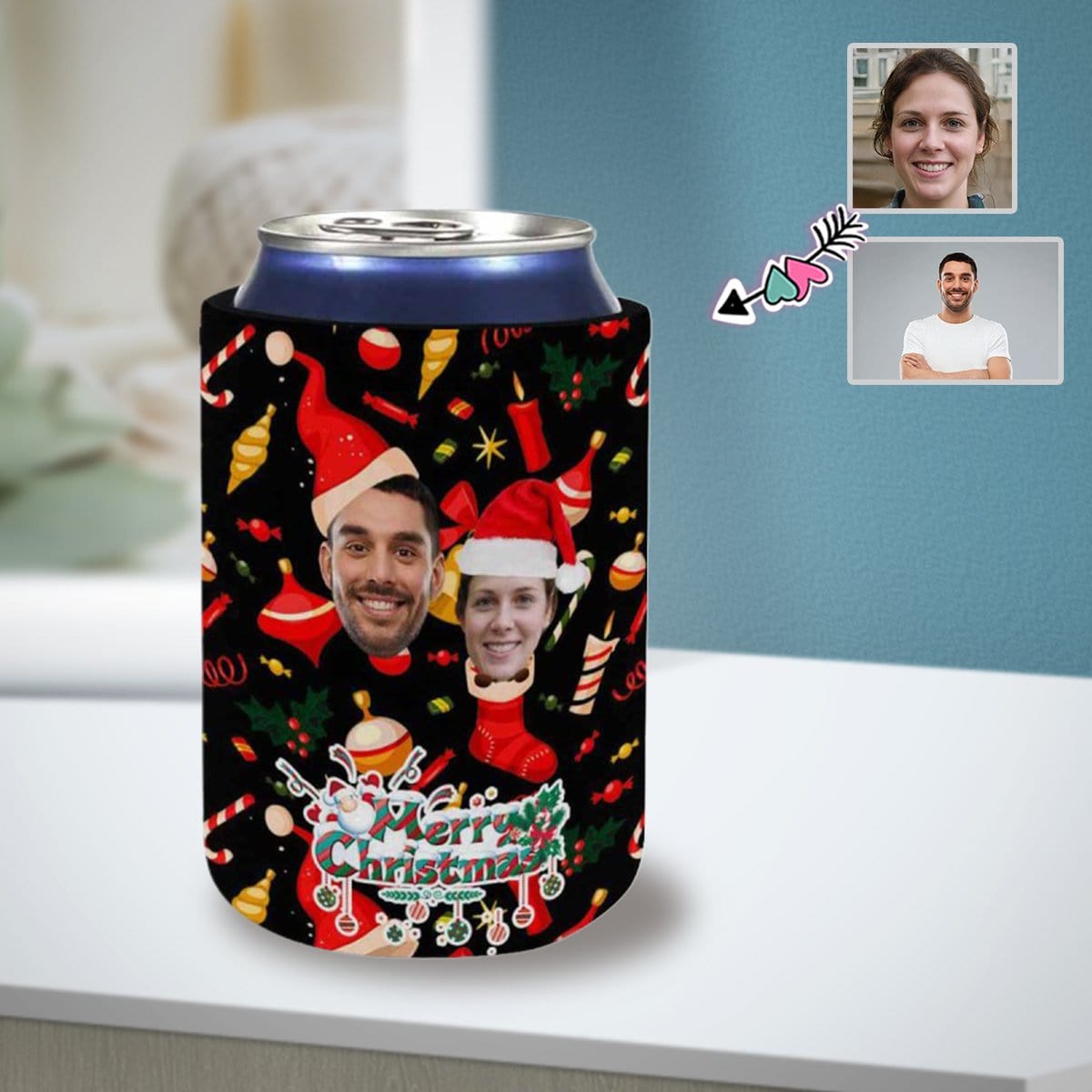 Custom Custom Couple Face Can Coolers Christmas Koozies Personalized Red Hat Neoprene Can Cooler Non Slip for Beer Cans and Bottles - YesCustom
