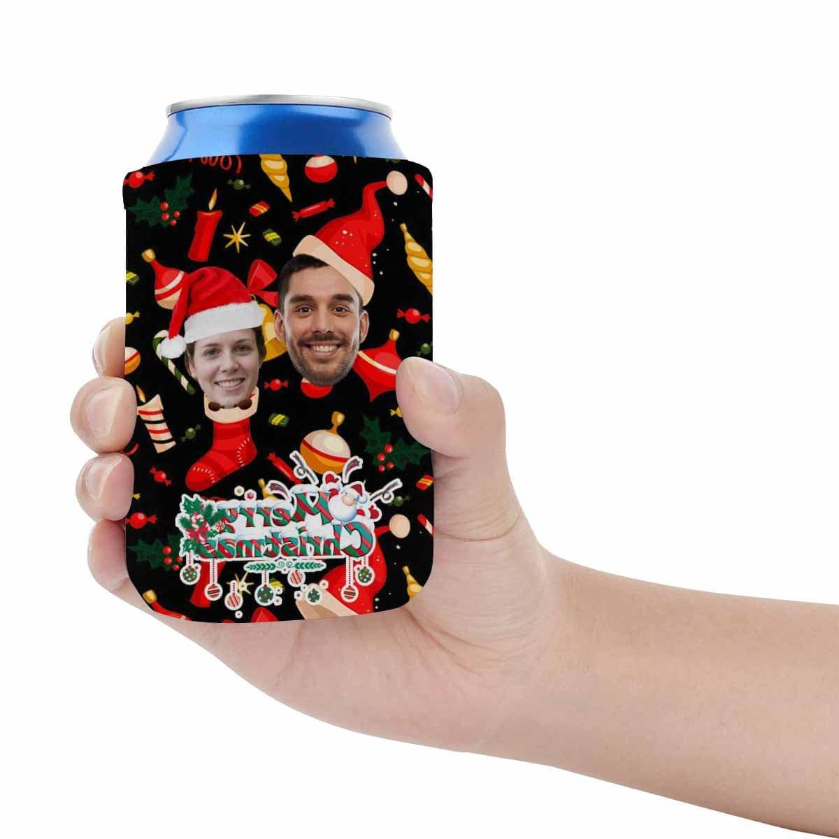 Custom Custom Couple Face Can Coolers Christmas Koozies Personalized Red Hat Neoprene Can Cooler Non Slip for Beer Cans and Bottles - YesCustom