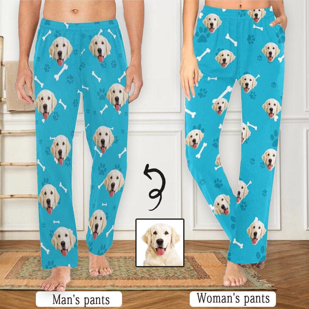 Custom Custom Couple Face Dog Bone Paw Print Blue Background Sleepwear Personalized Women's&Men's Slumber Party Long Pajama Pants - YesCustom