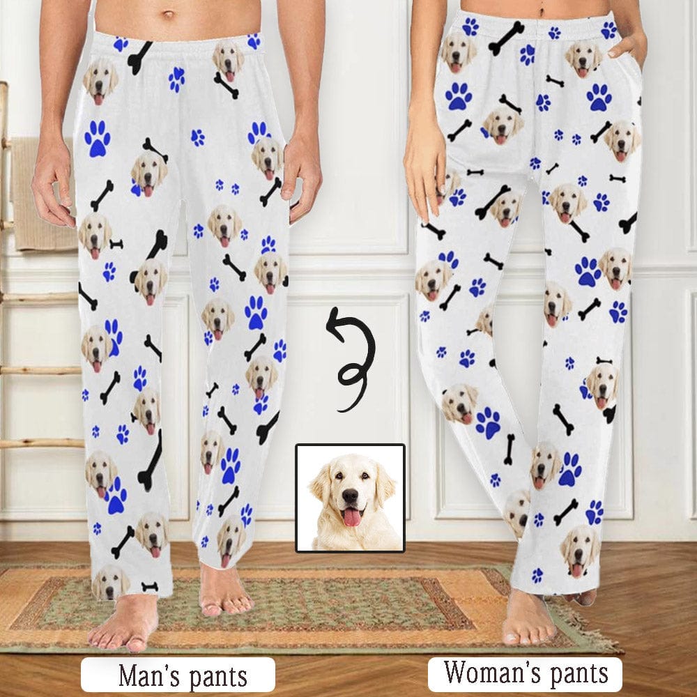 Custom Custom Couple Face Dog Bone Paw Print Sleepwear Personalized Women's&Men's Slumber Party Long Pajama Pants - YesCustom