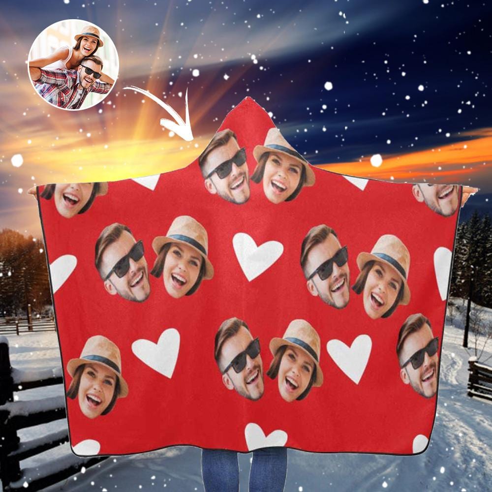 Custom Custom Couple Face Love Heart Hooded Blanket - YesCustom