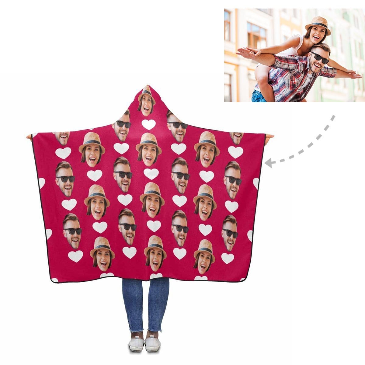 Custom Custom Couple Face Love Heart Hooded Blanket - YesCustom