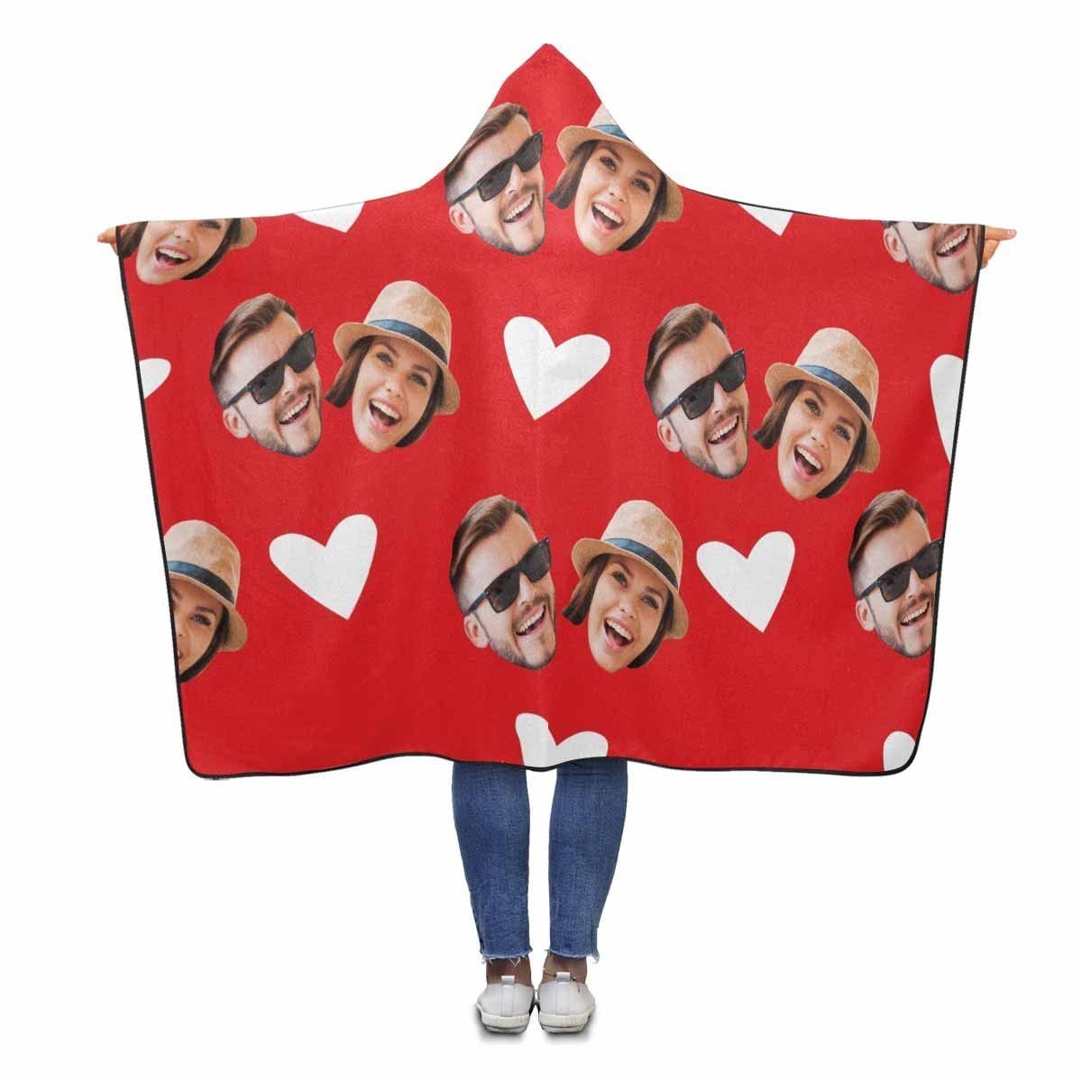 Custom Custom Couple Face Love Heart Hooded Blanket - YesCustom