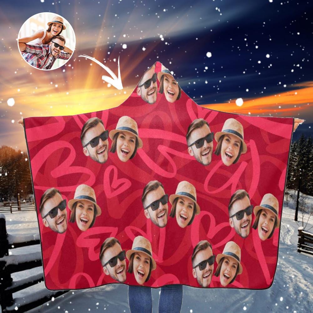 Custom Custom Couple Face Love Heart Hooded Blanket - YesCustom