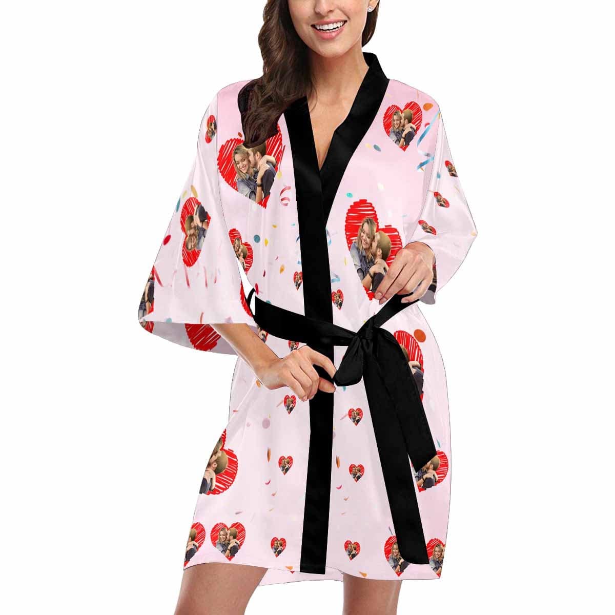 Custom Custom Couple Face Love Heart Women's Short Pajamas Personalized Photo Pajamas Kimono Robe - YesCustom