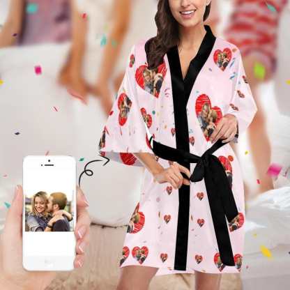 Custom Custom Couple Face Love Heart Women's Short Pajamas Personalized Photo Pajamas Kimono Robe - YesCustom