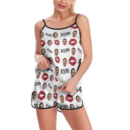Custom Custom Couple Face Pajamas Red Lips Sleepwear Personalized Women's Sexy Cami Pajamas Set - YesCustom