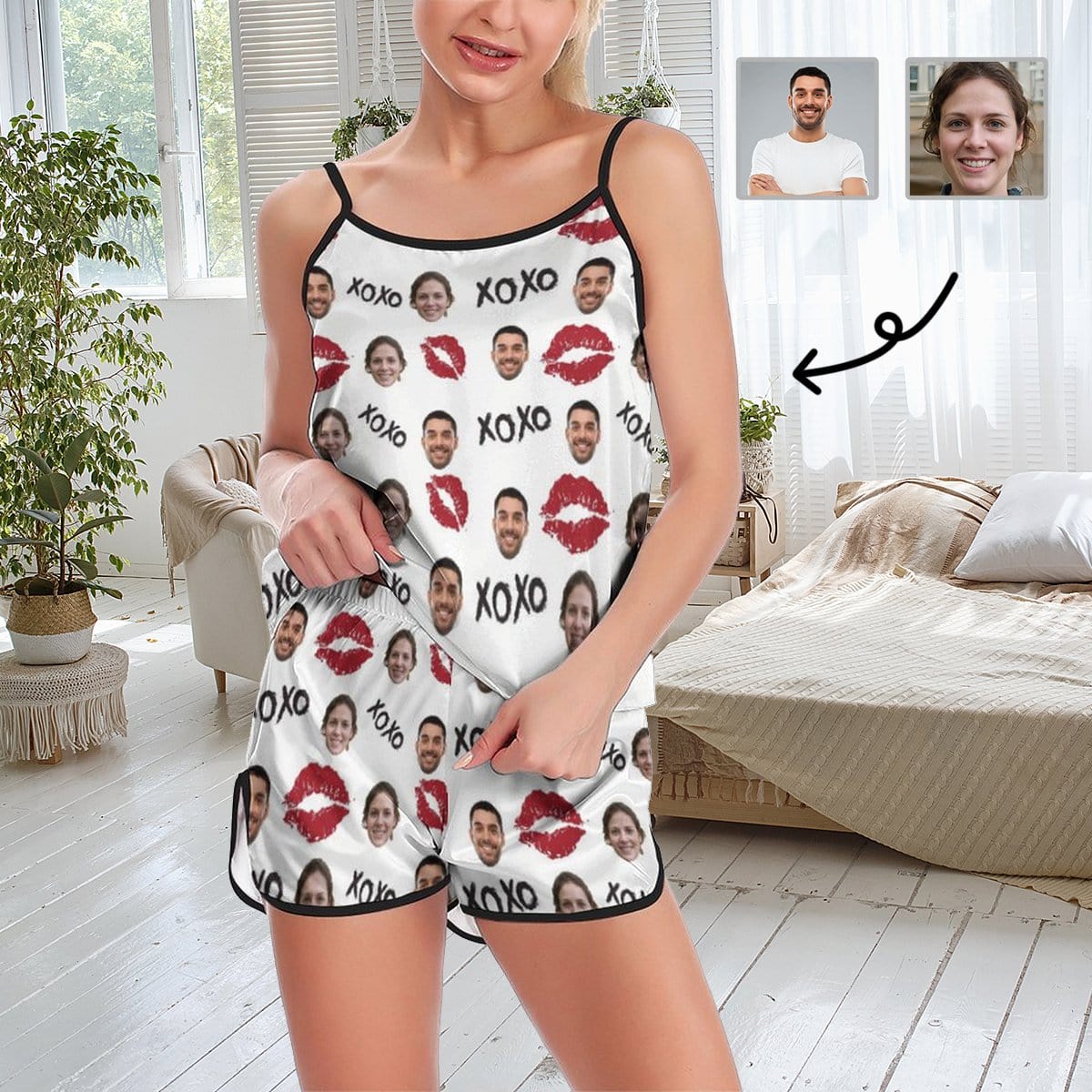 Custom Custom Couple Face Pajamas Red Lips Sleepwear Personalized Women's Sexy Cami Pajamas Set - YesCustom