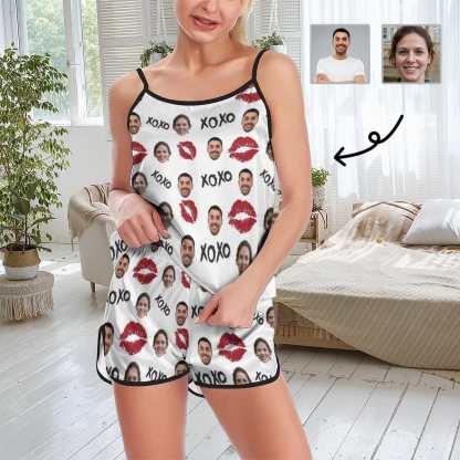 Custom Custom Couple Face Pajamas Red Lips Sleepwear Personalized Women's Sexy Cami Pajamas Set - YesCustom