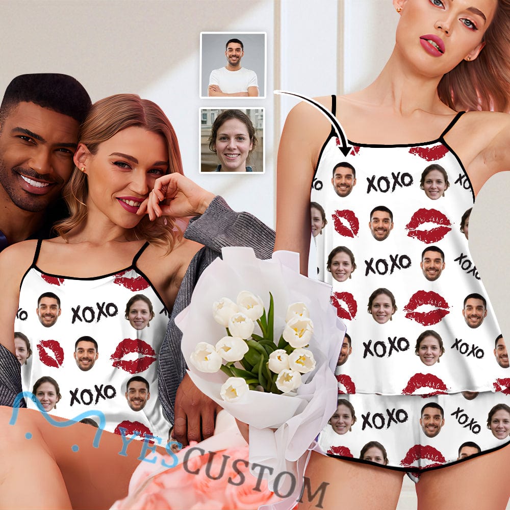Custom Custom Couple Face Pajamas Red Lips Sleepwear Personalized Women's Sexy Cami Pajamas Set - YesCustom