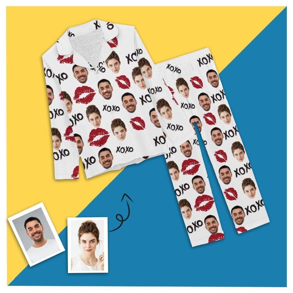 Custom Custom Couple Face Pajamas Red Lips Sleepwear Personalized Women's Slumber Party Long Pajama Set - YesCustom