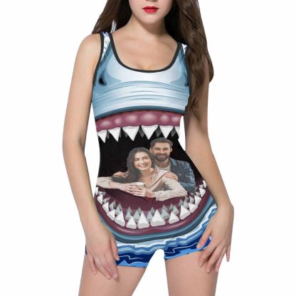 Custom Custom Couple Face Shark Women's One Piece Boyleg Swimsuit - YesCustom