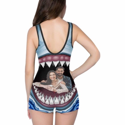 Custom Custom Couple Face Shark Women's One Piece Boyleg Swimsuit - YesCustom