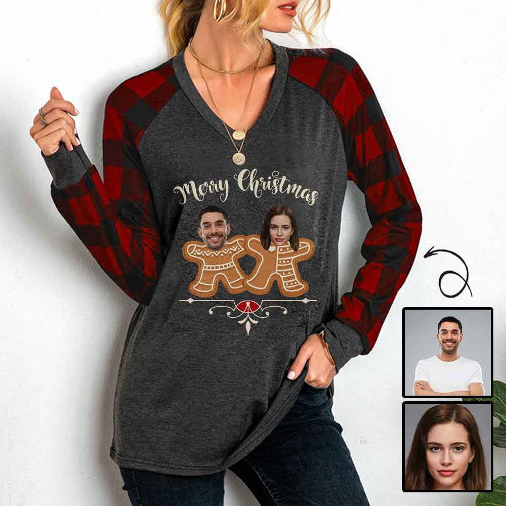 Custom Custom Couple Face V-neck Tops Design Merry Christmas Women's Loose Long Sleeve T-shirt - YesCustom