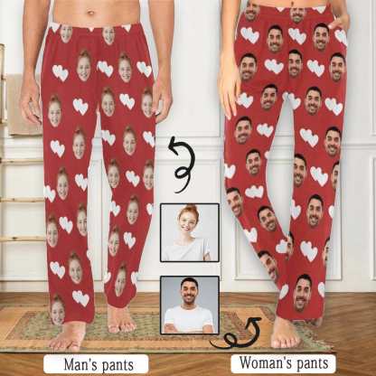 Custom Custom Couple Face White Hearts Red Background Sleepwear Personalized Women's&Men's Slumber Party Long Pajama Pants - YesCustom